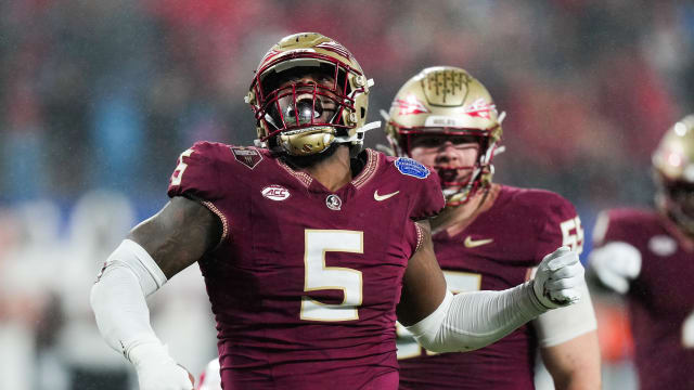 Dec 2, 2023; Charlotte, NC, USA; Florida State Seminoles defensive lineman Jared Verse (5) reacts during the fourth quarter against the Louisville Cardinals at Bank of America Stadium.